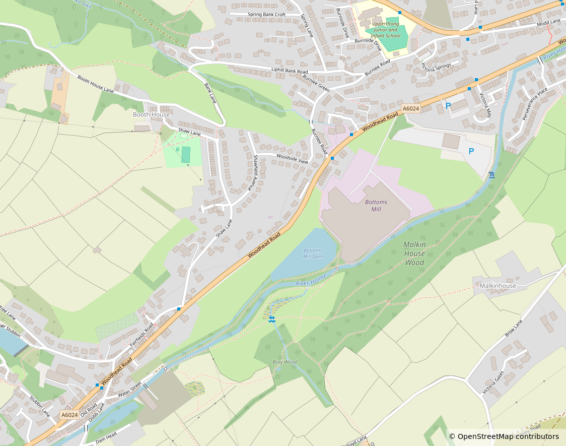 Street map around Turner Brothers on Woodhead Road in Holmfirth